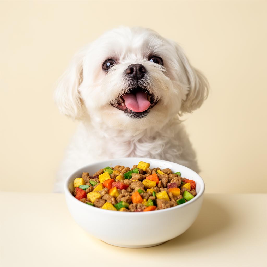 A small breed dog enjoying a bowl of fresh Awesome Dog Feast